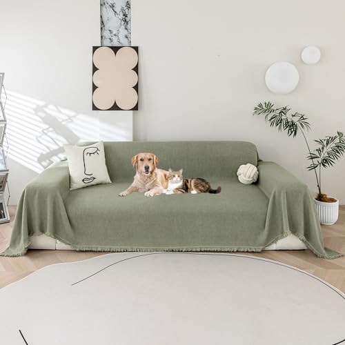Wendbarer Chenille-Sofa-Schonbezug für L-förmiges Ecksofa, tierfest und maschinenwaschbar, stilvolle Quasten, passend für 24-Sitzer, Grün (180 x 380 cm) von Generisch