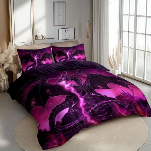 Wendebettbezug 155 x 200 cm Weich Microfaser Fantasy Spiele Drachen Wendebettbezug Bettwäsche Sets Dunkelviolett mit 2 mal Kissenbezüge Für Alle Jahreszeiten Maschinenwaschbare Mikrofaser von Generisch