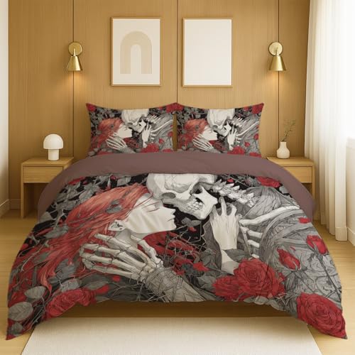 Wendebettwäsche Drucken Weiß Rot Bettwäsche-Sets Anime Fantasie Rose Schädel Mehrfarbig Tröster Abdeckung Für Jugendliche Kinder Schlafzimmer Duvet Cover H 135 x B 200cm von Generisch