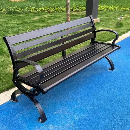 Wetterfeste Gartenbank für den Außenbereich, 150 cm, schwarze Metallbank mit Rückenlehne, Zinklegierung, Holzmaserung, sonnen- und regenbeständig, perfekt für Terrasse und Hof von Generisch