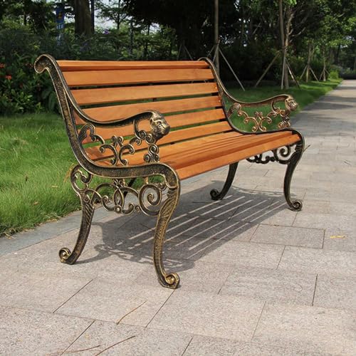 Wetterfeste Gartenbank für den Außenbereich, Gusseisen und Metallrahmen, Konservierungsmittel, Holz, Terrassenmöbel für Garten, Park, Veranda, Hof, Deck (Größe: 125 x 58 x 72 cm, Farbe: Gelb) von Generisch