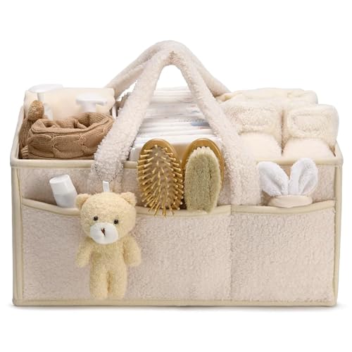 Wickeltasche Organizer, Doppelter Klettverschluss Wickelorganizer, Plüsch Wickeltisch Organizer mit Wechselbaren Fächer, Tragbar Baby Windel Caddy Organizer, Babysachen Wickelkorb (Creme) von Generisch