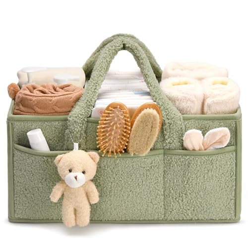 Wickeltasche Organizer, Tragbarer Wickelkorb mit Herausnehmbaren Fächern, 38x25.4x17.8cm Windel Organizer für Unterwegs mit Plüschbär, Wickeltisch Organizer für Feuchttücher und Babysachen (Grün) von Generisch