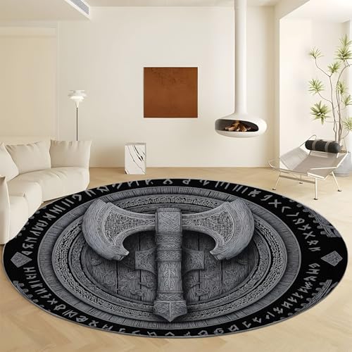 Wikinger Thema Geometrisches Muster Axt Teppich Runder Ø 100 cm, Waschbar Anti Rutsch Kurzflorteppich - Schwarz Flauschig Weich Runder Teppich for Wohnzimmer Schlafzimmer Heim Büro Dekor Wikinger Thema Geometrisches Muster Axt Teppich Runder Ø 100 cm, Waschbar Anti Rutsch Kurzflorteppich - Schwarz Flauschig Weich Runder Teppich for Wohnzimmer Schlafzimmer Heim Büro Dekor von Generisch