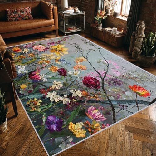 Wildblumen Teppich Groß Wohnzimmer 200x300 Waschbar Mit Muster Impression ölgemälde Teppiche Gegend Schlafzimmer Deko & Wohnaccessoires, Kurzflor Teppich Weich rutschfest, FD3034 Wildblumen Teppich Groß Wohnzimmer 200x300 Waschbar Mit Muster Impression ölgemälde Teppiche Gegend Schlafzimmer Deko & Wohnaccessoires, Kurzflor Teppich Weich rutschfest, FD3034 von Generisch