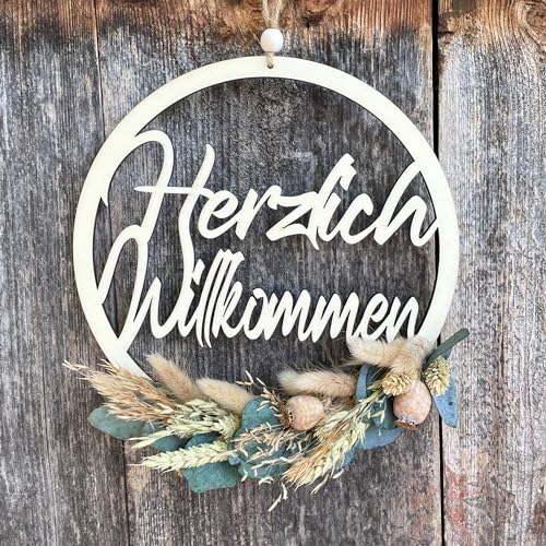 Willkommensschild - Trockenblumenkranz - Türkranz Trockenblumen mit Herzlich Willkommen'' Schriftzug - Herzlich Willkommen Türhänger (24cm Holz Natur, Naturtöne) von Generisch