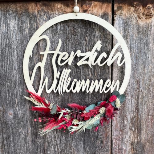 Willkommensschild - Trockenblumenkranz - Türkranz Trockenblumen mit Herzlich Willkommen'' Schriftzug - Herzlich Willkommen Türhänger (24cm Holz Natur, Rot/Grün - Bordeaux) von Generisch