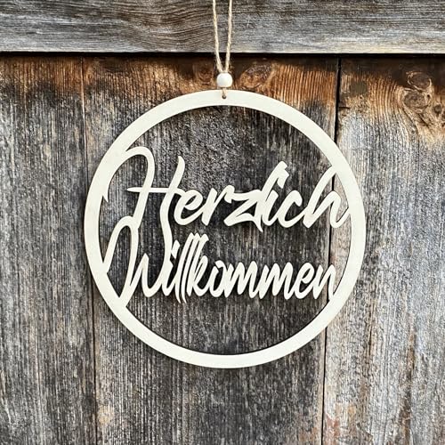 Willkommensschild - Trockenblumenkranz - Türkranz Trockenblumen mit Herzlich Willkommen'' Schriftzug - Herzlich Willkommen Türhänger (30cm Holz Natur, Blau/Grün) von Generisch