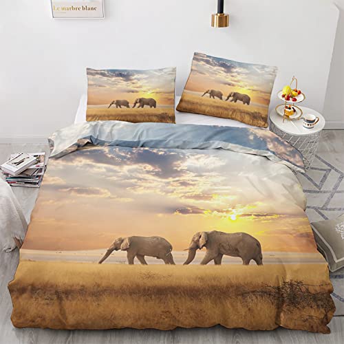 Winter Bettwäsche 155x220 Elefant - Sonnenuntergang Wildtiere Bettbezug 155x220 2er Set, Weich Warme & Bügelfrei Mikrofaser Bettwäsche-Sets, Wendebettwäsche mit Reißverschlus und 1 Kissenbezug 80x80 von Generisch