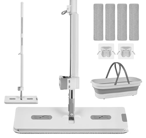 Wischmopp Set mit Eimer, Wischmopp mit Auswringfunktion Bodenwischer Set mit Faltbarem Putzeimer, 4 Wischmopp bezug, 1 faltbaren Eimer, 2 Wischer-Haken, 360° Drehbarem mop, Edelstahlgriff von Generisch