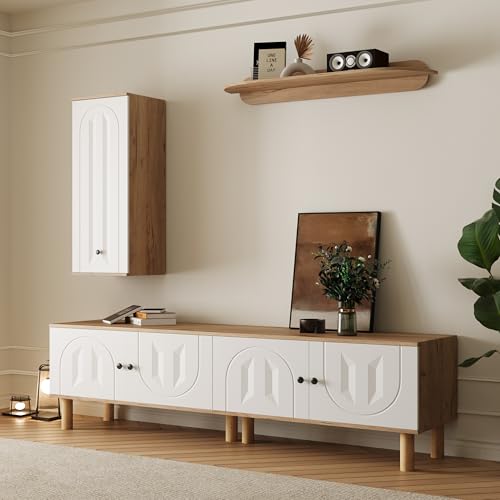 Wohnwand, 3-TLG ., Best. aus: Highboard, Schränke, Wandboard. Weiße und hölzerne, Geschnitzte Türpaneele. von Generisch