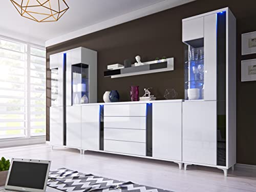 Generisch Wohnwand Marco 6 für das Wohnzimmer (KÖRPER: WEIß, Front: WEIßER Glanz + SCHWARZER Glanz) von Generisch