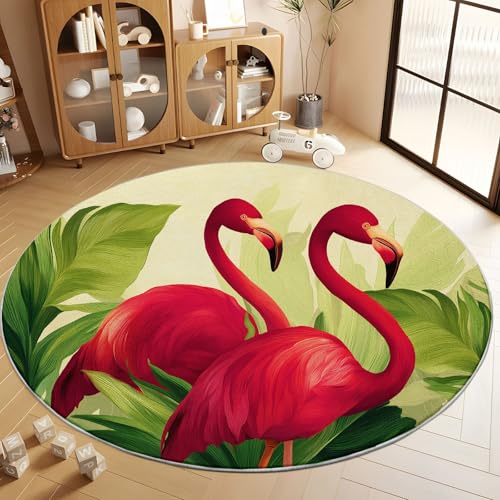 Wohnzimmer Runder Teppich Digitale Illustration Tropische Pflanzen Flamingo 80 cm Schlafzimmer Runder Teppich, Beige Rutschfester Weicher Flauschiger Runde Teppiche Für Kinderzimmer Spielzimmer von Generisch