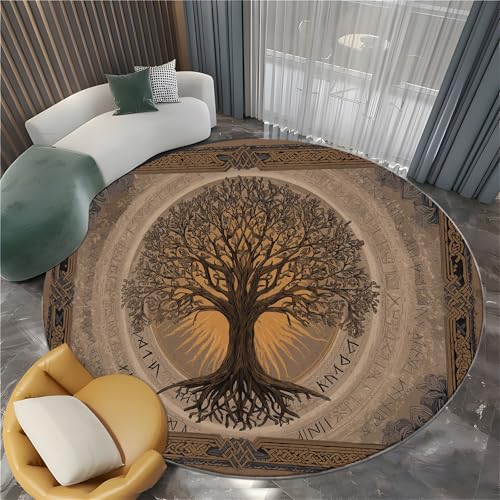 Wohnzimmer Runder Teppich Vintage-Poster Keltischer Lebensbaum 100 cm Schlafzimmer Runder Teppich, Gelb Waschbarer Rutschfester Weicher Flauschiger Runde Teppiche Für Kinderzimmer Spielzimmer von Generisch