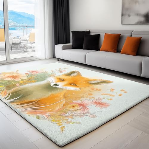 Wohnzimmer Teppich Aquarell Kleiner Fuchs Mit Blumen 180 x 240 cm Schlafzimmer Teppich, Hellgrün Waschbarer Rutschfester Weicher Flauschiger Teppiche, Für Kinderzimmer Spielzimmer von Generisch