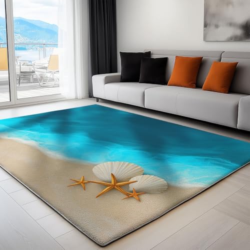 Wohnzimmer Teppich Digitale Illustration Strand Muscheln Seesterne 180 x 240 cm Schlafzimmer Teppich, Türkis Waschbarer Rutschfester Weicher Flauschiger Teppiche, Für Kinderzimmer Spielzimmer von Generisch