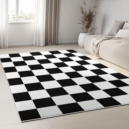 Wohnzimmer Teppiche 80 x 150 cm, Waschbarer Schlichter Stil Bedruckter Rechteckiger Läufer, Geometrisch Schwarz Weiß Kariert Rutschfester Teppich, Weiche Niedrigflor Läufer fürs Schlafzimmer Wohnzimmer Teppiche 80 x 150 cm, Waschbarer Schlichter Stil Bedruckter Rechteckiger Läufer, Geometrisch Schwarz Weiß Kariert Rutschfester Teppich, Weiche Niedrigflor Läufer fürs Schlafzimmer von Generisch