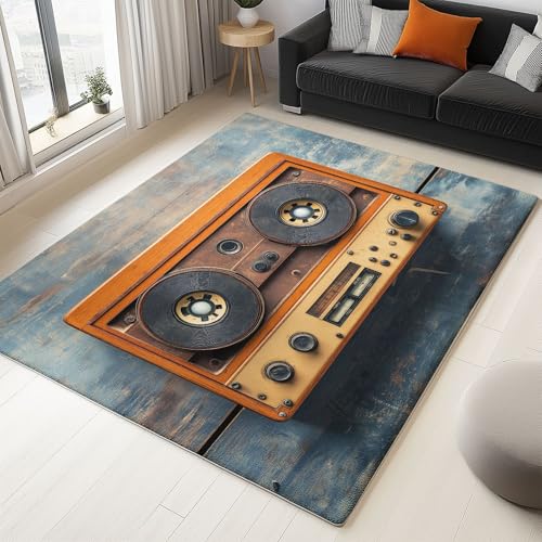 Wohnzimmerteppich 180 X 240 Cmweiche Mikrofaser Waschbar Flächenteppich, Retro Altes Tonbandgerät Innenbereich Rutschfester Großer Teppich Für Schlafzimmer Kinderzimmer Büro Küchen Gelb von Generisch