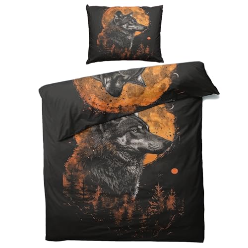 Wolf Bettwäsche 135x200 Sommer - Wolf Motiv Bettbezug 135 x 200 2er Set mit Kissenbezug 80x80, Weiche Mikrofaser Sommerbettwäsche mit Reißverschluss für Schlafzimmer Deko K&50 von Generisch