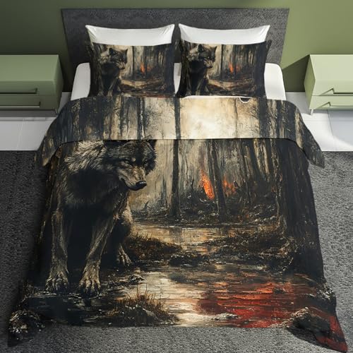 Wolf Deko - Winter Bettwäsche 135x200 Wolf, Wald Tier Wölfe Bettbezug 135 x 200 2er Set mit 1 Kissenbezug 80x80, Weiche Mikrofaser Winterbettwäsche mit Reißverschluss Q&*210 von Generisch