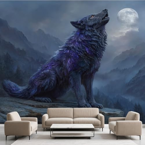 Wolf Mond Heulender Berg Tapete Selbstklebende Fototapete Safari Tiere Tapeten Natur Wald Wandtapete Vinyl Wasserdicht Wandaufkleber für Wohnzimmer Schlafzimmer Küchen 300x210 cm von Generisch
