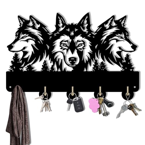 Wolf SchlüSselhaken Dekor Geschenke SchlüSselbrett Schwarz, Hakenleiste Selbstklebend mit 5 Haken, Wandmontage SchlüSselhalter für Wand, Eingang und Küche (Wolf 4) von Generisch