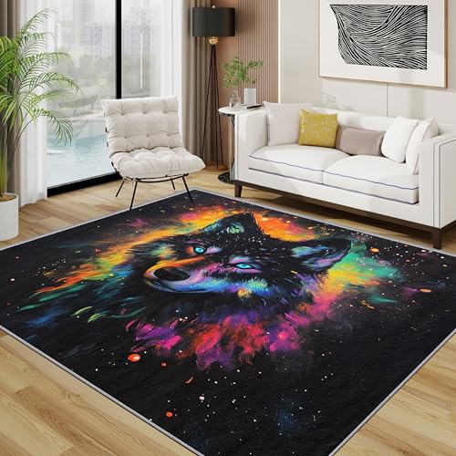 Wolf Teppich, Bunt Kosmische Nebel Tiere Teppich Eingang, Fantasie Kurzflor Waschbar Antirutsch Klein Teppiche, 50x80 cm, Schwarz Gelb von Generisch