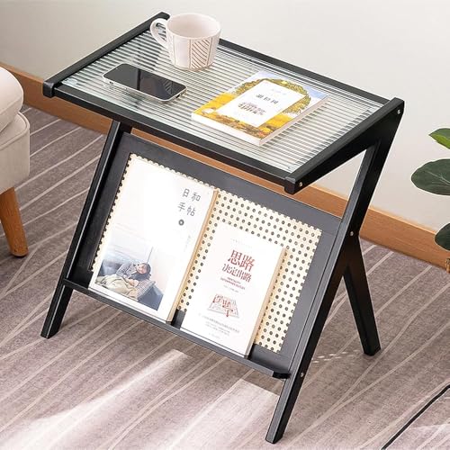 Z-förmiger Rattan-Beistelltisch mit Zeitschriftenständer, Boho Nachttisch mit Glasplatte für kleine Räume im Wohnzimmer oder Schlafzimmer Z-förmiger Rattan-Beistelltisch mit Zeitschriftenständer, Boho Nachttisch mit Glasplatte für kleine Räume im Wohnzimmer oder Schlafzimmer von Generisch