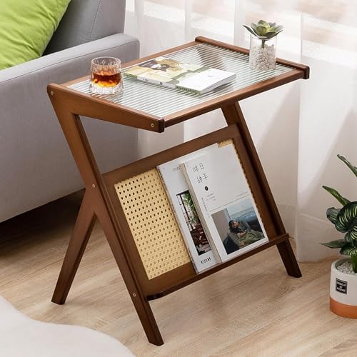Z-förmiger Rattan-Beistelltisch mit Zeitschriftenständer, Boho Nachttisch mit Glasplatte für kleine Räume im Wohnzimmer oder Schlafzimmer Z-förmiger Rattan-Beistelltisch mit Zeitschriftenständer, Boho Nachttisch mit Glasplatte für kleine Räume im Wohnzimmer oder Schlafzimmer von Generisch