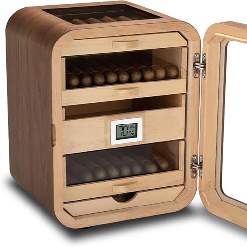 Zigarren-Humidor mit Hygrometer und Luftbefeuchter - Glasoberschrank, Aufbewahrungsbox aus Walnussholz, 4 Schubladen, fasst ca. 110 Zigarren von Generisch
