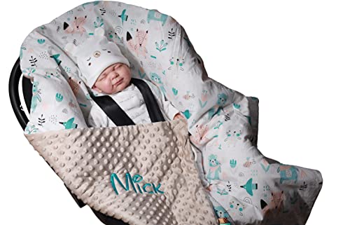 Generisch Zweilagige Decke mit Namen - EINSCHLAGDECKE - 90x90 cm - Babydecke für Babyschale Baumwolle (Hellbraun - Tiere) von Generisch