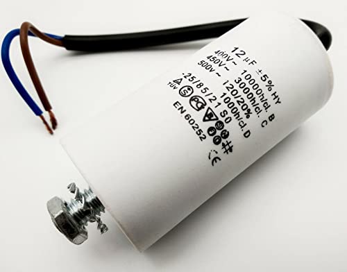 bis 500V~ AC 8,10,12,14,16,20,25,35,40,45 µF uf mit Kabel + Gewinde Motorkondensator,Anlaufkondensator,Starterkondensator,Betriebskondensator (12 µF) von Generisch