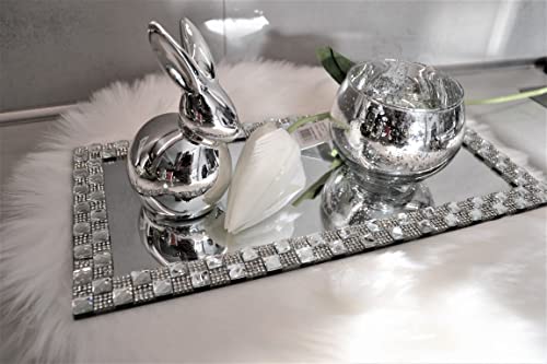 edle Osterdeko 3 teilig Silber Spiegeltablett Hase Teelicht 32 x 16 cm Ostern von Generisch