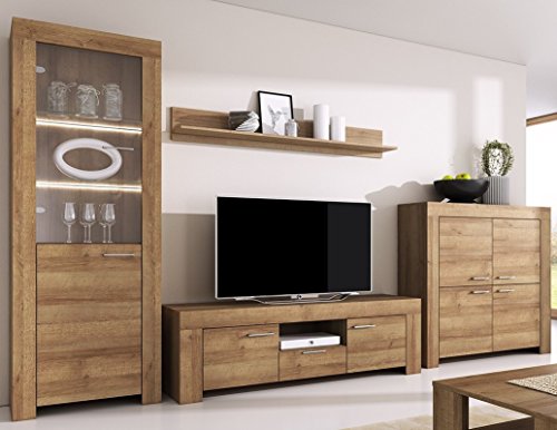 Generisch furniture24 Wohnwand Sky, Riviera Eiche, 7 Türen, Vitrine mit Highboard und Lowboard von Generisch