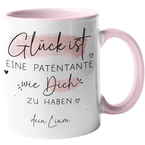 kleinebuchstaben® Personalisierte Tasse „Glück ist eine Patentante wie dich zu haben [Wunschname] - Geschenkidee für die beste Patentante oder Patin der Welt - Tasse Innen & Henkel - Rosa von Generisch