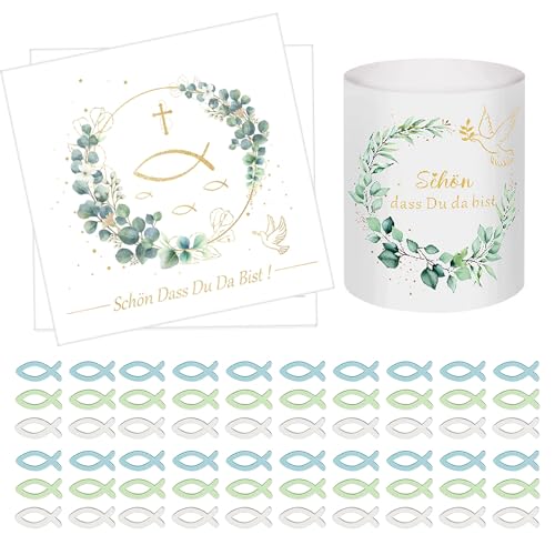 Erstkommunion Deko Set – Tischdeko Kommunion mit 20 Servietten, 1 Windlicht & 60 Holzfischen – Eukalyptus Deko für Jungen & Mädchen, Kommunion Party & Gastgeschenke Erstkommunion Deko Set – Tischdeko Kommunion mit 20 Servietten, 1 Windlicht & 60 Holzfischen – Eukalyptus Deko für Jungen & Mädchen, Kommunion Party & Gastgeschenke von Generisch