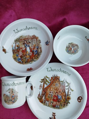 personalisiertes Porzellan-Kinder-Geschirr 4teilig (Dekor Märchen) mit Wunschname. Wunschname an: info@porzellanschoenknecht.de senden. von Generisch