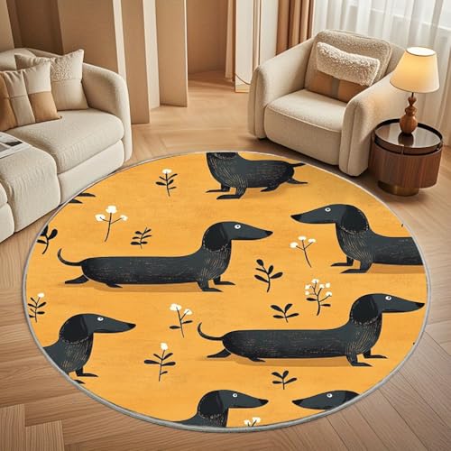 rutschfest Waschbar Wohnzimmer Runder Teppich Durchmesser 120cm, Schwarzer Dackel-Druck Teppich Rund Kurzflor Flanell Rug Gelb für Esszimmer Badezimmer Küche Flur Läufer rutschfest Waschbar Wohnzimmer Runder Teppich Durchmesser 120cm, Schwarzer Dackel-Druck Teppich Rund Kurzflor Flanell Rug Gelb für Esszimmer Badezimmer Küche Flur Läufer von Generisch