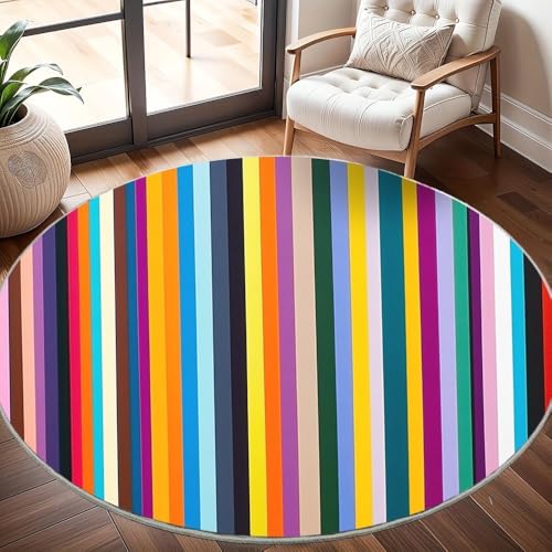 rutschfest Waschbar Wohnzimmer Runder Teppich Durchmesser 200cm, Geometrische Vertikale Streifen Teppich Rund Kurzflor Flanell Rug Bunt für Esszimmer Badezimmer Küche Flur Läufer rutschfest Waschbar Wohnzimmer Runder Teppich Durchmesser 200cm, Geometrische Vertikale Streifen Teppich Rund Kurzflor Flanell Rug Bunt für Esszimmer Badezimmer Küche Flur Läufer von Generisch