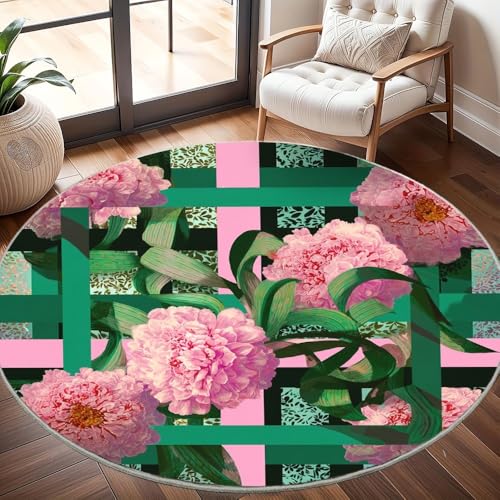 rutschfest Waschbar Wohnzimmer Runder Teppich Durchmesser 200cm, Geometrischer Blumenstil Teppich Rund Kurzflor Flanell Rug Rosa für Esszimmer Badezimmer Küche Flur Läufer von Generisch
