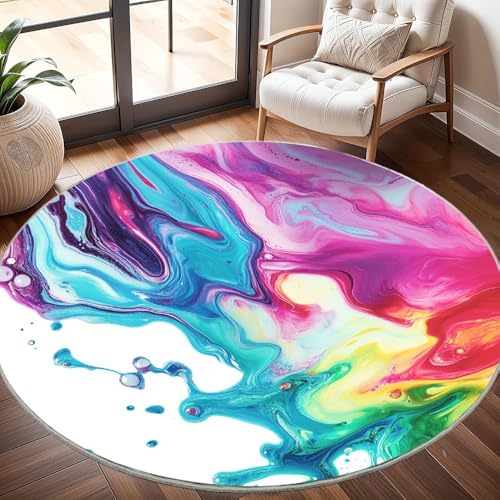 rutschfest Waschbar Wohnzimmer Runder Teppich Durchmesser 200cm, Psychedelische FarbflüSsigkeit Teppich Rund Kurzflor Flanell Rug Bunt für Esszimmer Badezimmer Küche Flur Läufer von Generisch