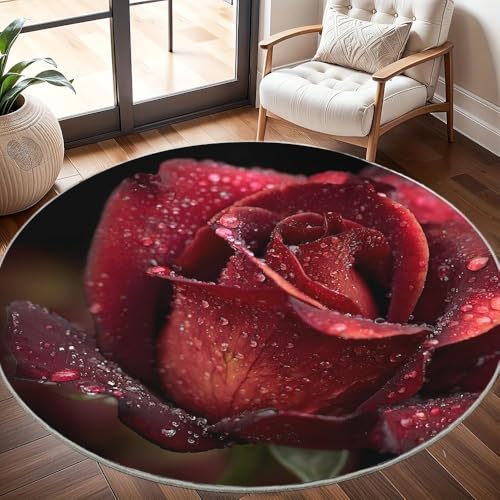 rutschfest Waschbar Wohnzimmer Runder Teppich Durchmesser 200cm, Romantische Rote Rosen Teppich Rund Kurzflor Flanell Rug Bunt für Esszimmer Badezimmer Küche Flur Läufer rutschfest Waschbar Wohnzimmer Runder Teppich Durchmesser 200cm, Romantische Rote Rosen Teppich Rund Kurzflor Flanell Rug Bunt für Esszimmer Badezimmer Küche Flur Läufer von Generisch