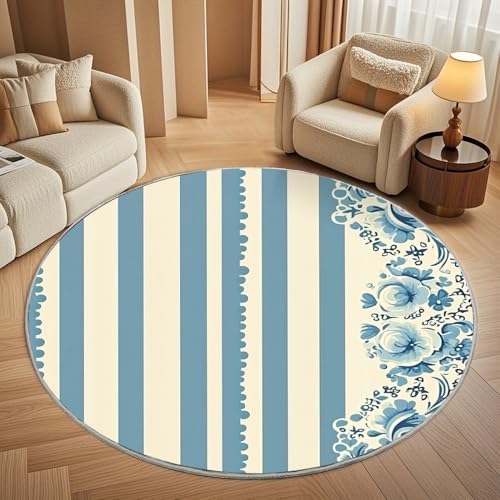 rutschfest Waschbar Wohnzimmer Runder Teppich Durchmesser 80cm, Blau Gestreift Blumen Teppich Rund Kurzflor Flanell Rug Beige für Esszimmer Badezimmer Küche Flur Läufer rutschfest Waschbar Wohnzimmer Runder Teppich Durchmesser 80cm, Blau Gestreift Blumen Teppich Rund Kurzflor Flanell Rug Beige für Esszimmer Badezimmer Küche Flur Läufer von Generisch