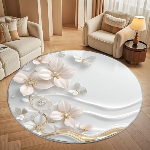 rutschfest & Pflegeleicht Runder Teppich 100 cm – Weicher 8 mm Flanell LuxuriöSe Goldene Blumen Teppich Rund Waschbar Weiß für Wohnzimmer Schlafzimmer Kinderzimmer Yoga Matte von Generisch