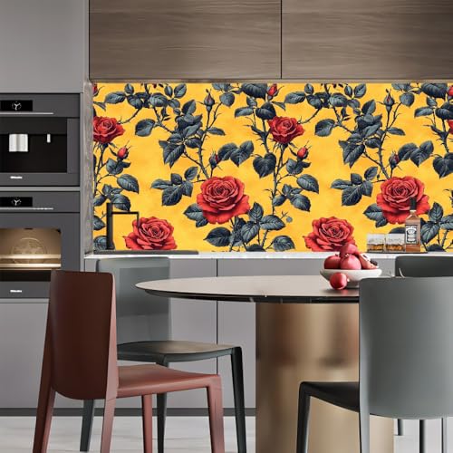 tapete selbstklebend 44wX1000Lcm Rote Blumen, Rosen, Grüne Blätter tapete steinoptik Modernes Wanddesign für Arbeitszimmer oder Home Office – selbstklebend und rückstandslos entfernbar EBZ9-263374 von Generisch