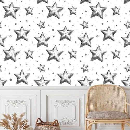 tapete selbstklebend 44wX1000Lcm Schwarz-weißes Fünfzackiges Sternmuster tapete steinoptik Modernes Wanddesign für Arbeitszimmer oder Home Office – selbstklebend und rückstandslos entfernbar von Generisch