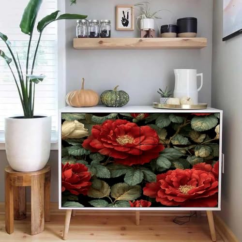 tapete selbstklebend 44wX1000Lcm Vintage Rote Rose Mit Grünen Blättern tapete steinoptik Modernes Wanddesign für Arbeitszimmer oder Home Office – selbstklebend und rückstandslos entfernbar EBZ9-263296 von Generisch
