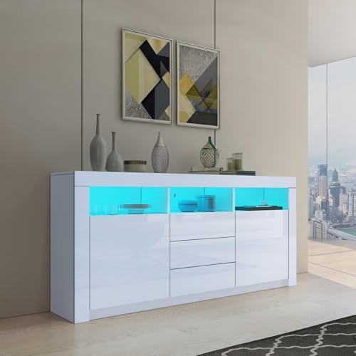 Genforiek 160cm Sideboard Wohnzimmer Anrichte Schrank Hochglanz Highboard mit 2 Türen 3 Schubladen und LED Beleuchtung TV Lowboard für Esszimmer Schlafzimmer Weiß von Genforiek