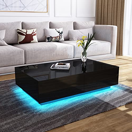 Genforiek Couchtisch mit 4 Schubladen All Hochglanz Kaffeetisch Couchtisch mit Lagerung Rechteck Wohnzimmermöbel 95x60x31cm - Schwarz mit LED Beleuchtung von Genforiek