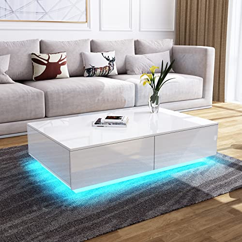 Genforiek Couchtisch mit 4 Schubladen All Hochglanz Kaffeetisch Couchtisch mit Lagerung Rechteck Wohnzimmermöbel 95x60x31cm - Weiß mit LED Beleuchtung von Genforiek